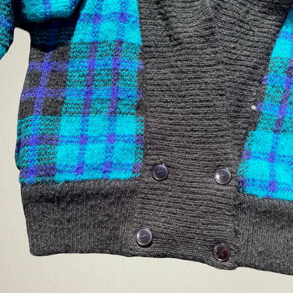 Vintage 1980s men’s blue plaid cardigan sweater shawl collar, retro prep grunge - Picture 5 of 10